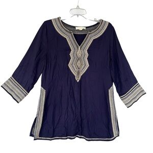 Luna Moon Embroidered Tunic Top Navy Blue Size Small